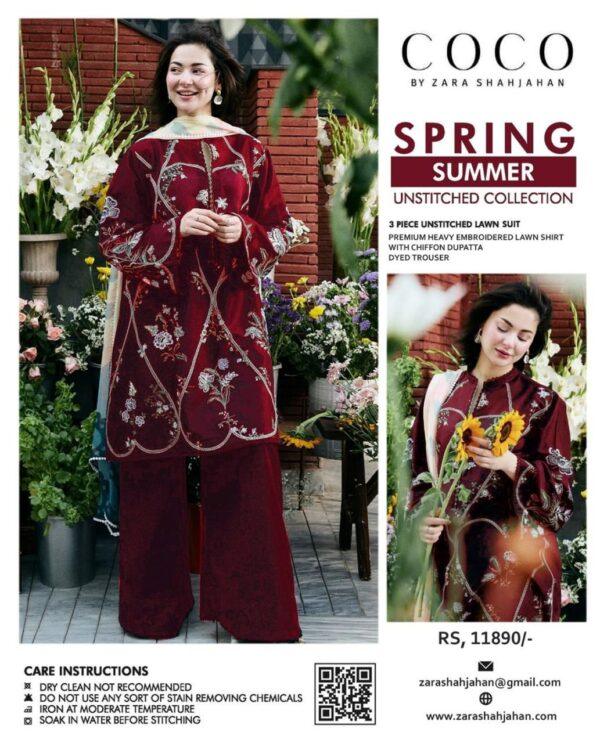 Premium Embroidered Maroon Lawn 3PC – Spring/Summer Collection