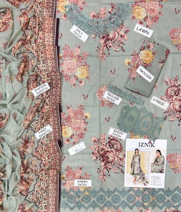 3-Piece Embroidered Lawn Suit – Digital Chiffon Dupatta - Image 3